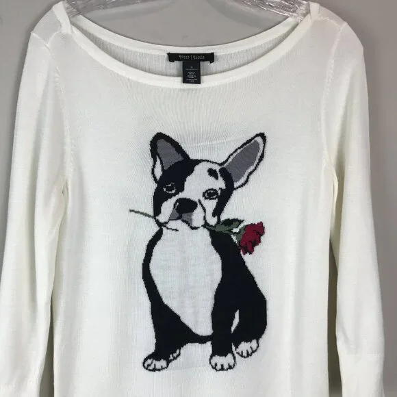 White House Black Market White Sweater with Dog Design - Picture 4 of 7